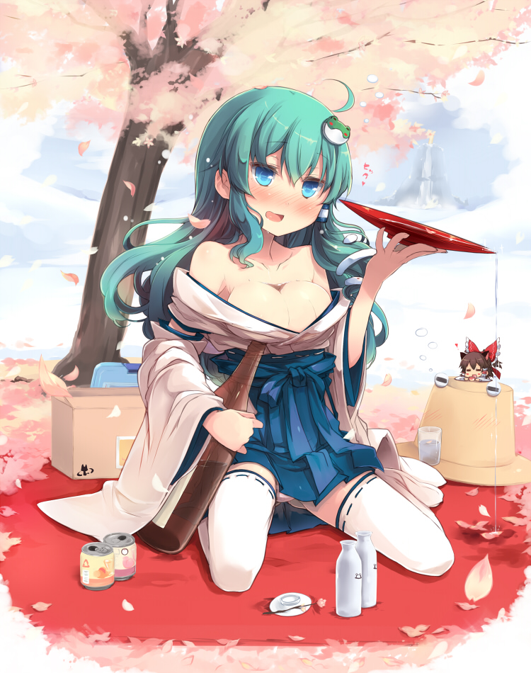 2girls, alcohol, blush, breasts, cherry_blossoms, cleavage, cosplay, detached_sleeves