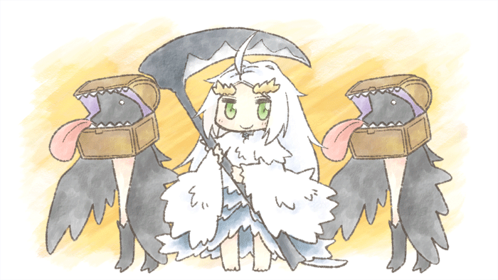 1girl, :d, ^_^, ahoge, animated, animated_gif, arms_up, beak, chibi, closed_eyes, dark_souls_(series), dark_souls_i, fang, fur, happy, horns, long_hair, mimic, mimic_chest, monster, navel, open_mouth, outstretched_arms, praise_the_sun, priscilla_the_crossbreed, scythe, serizawa_enono, smile, spread_arms, standing, standing_on_one_leg, teeth, tongue, treasure_chest, white_hair, wings, yellow_eyes