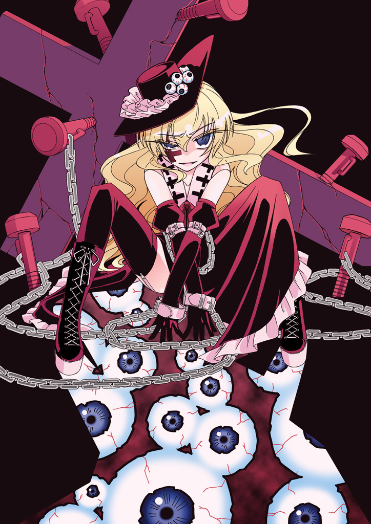 1girl, bad_id, bad_pixiv_id, black_thighhighs, blonde_hair, chain, cross, dolls_in_pseudo_paradise, dress, evil_smile, extra, female_focus, garter_straps, jacket_girl_(dipp), katari_(ropiropi), long_hair, purple_eyes, screw, sitting, smile, solo, thighhighs, touhou, wavy_hair