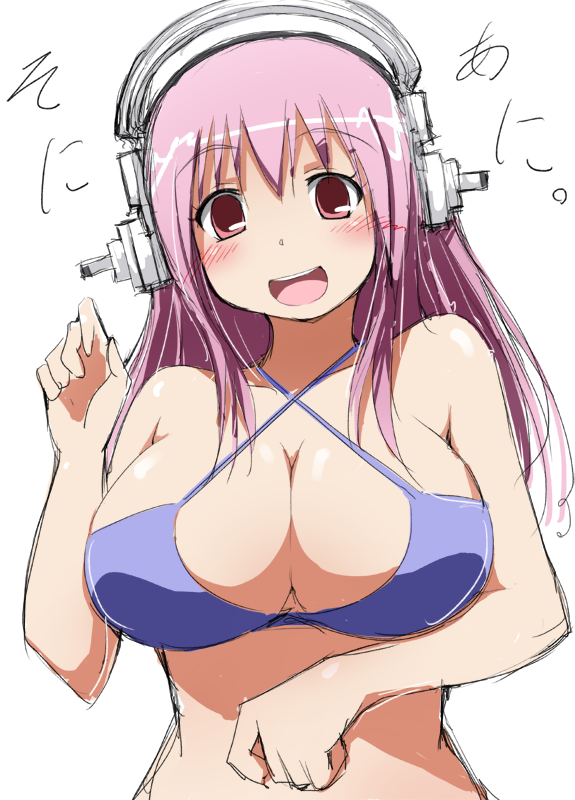 1girl, bikini, bikini_top_only, blush, breasts, earth_ekami, female_focus, headphones