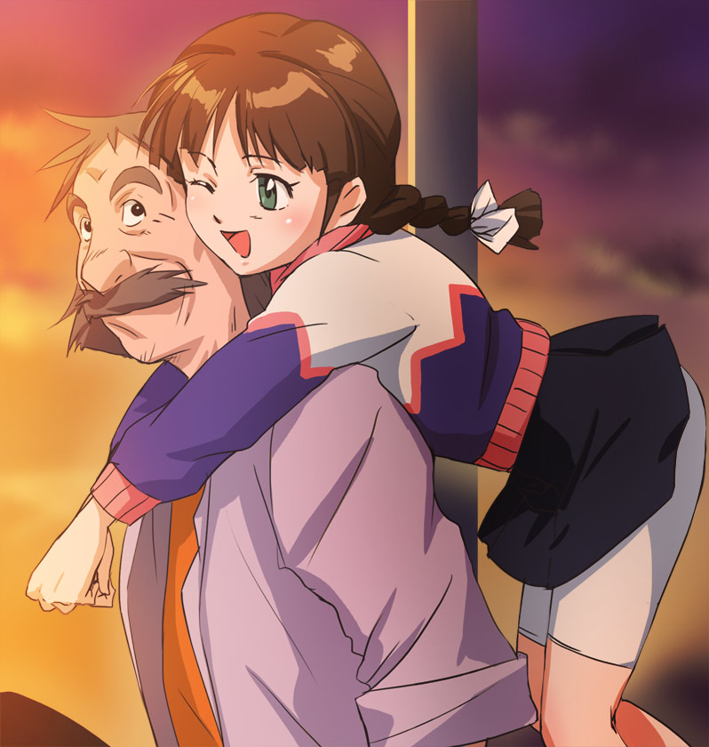 1990s_(style), 1boy, 1girl, amano_haruka, amano_hiroshi, bike_shorts, black_eyes, braid, brown_hair, facial_hair, green_eyes, haruyama_kazunori, hetero, hug, hug_from_behind, long_hair, mustache, nagai_ichirou, one_eye_closed, open_mouth, voice_actor_connection, short_hair, skirt, sunset, taiyou_no_yuusha_fighbird, wink, yuusha_series