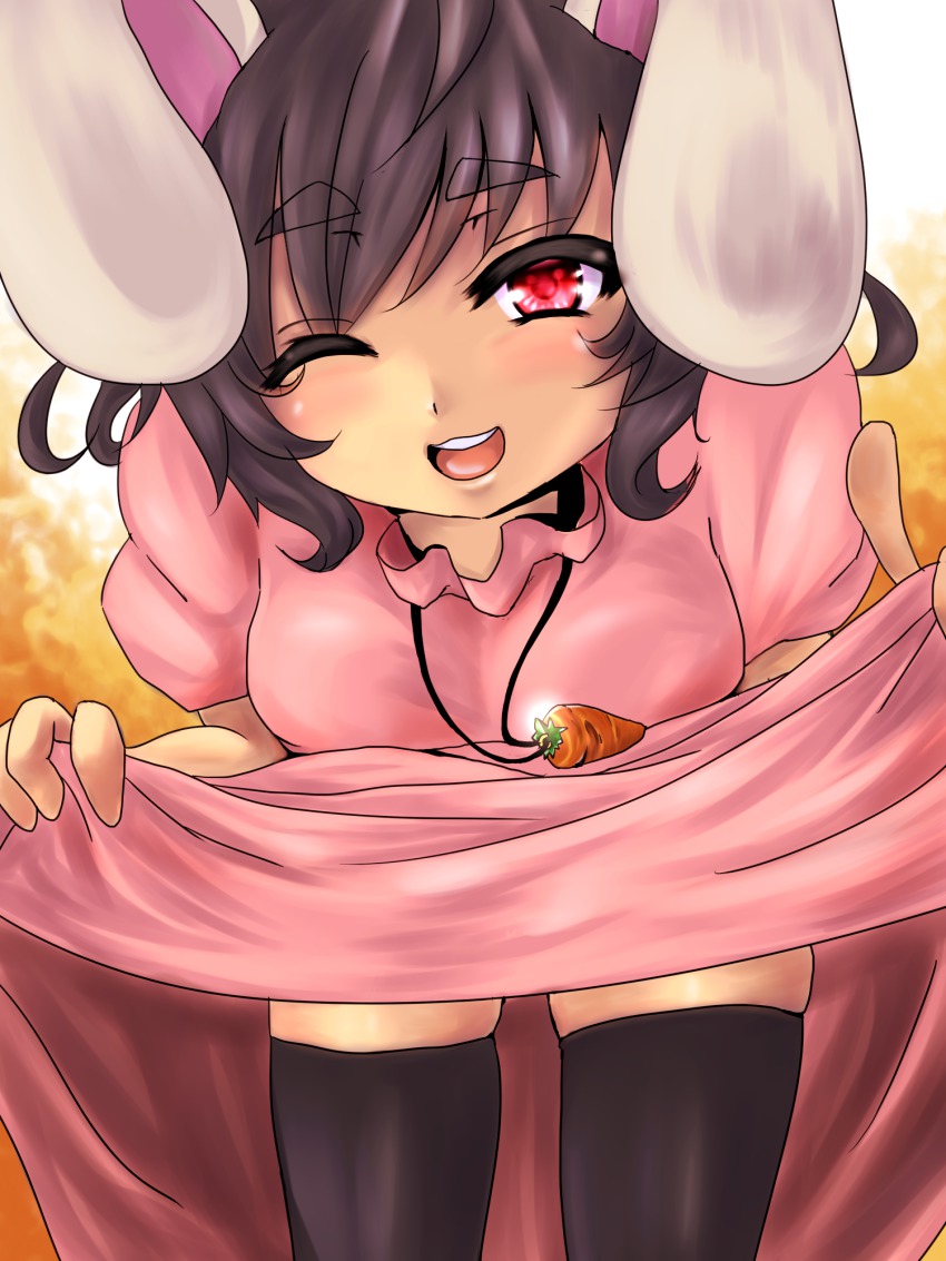 1girl, animal_ears, bad_id, bad_pixiv_id, black_thighhighs, brown_hair, clothes_lift, female_focus