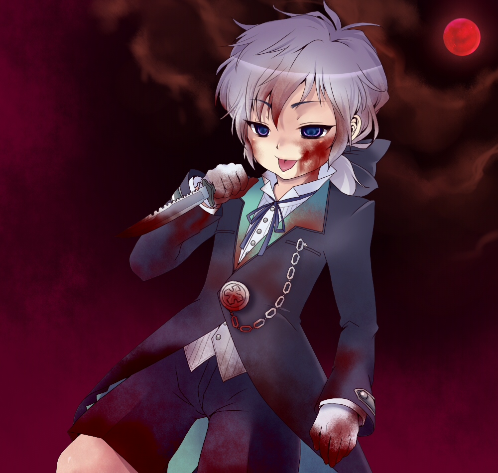 1boy, blood, blood_on_clothes, blue_eyes, child, cloud, gloves, jacket