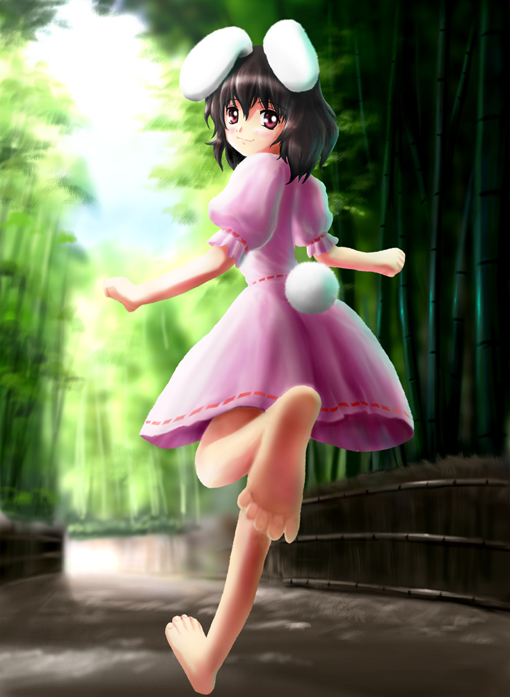 1girl, :3, animal_ears, bamboo, bamboo_forest, barefoot, black_hair, feet