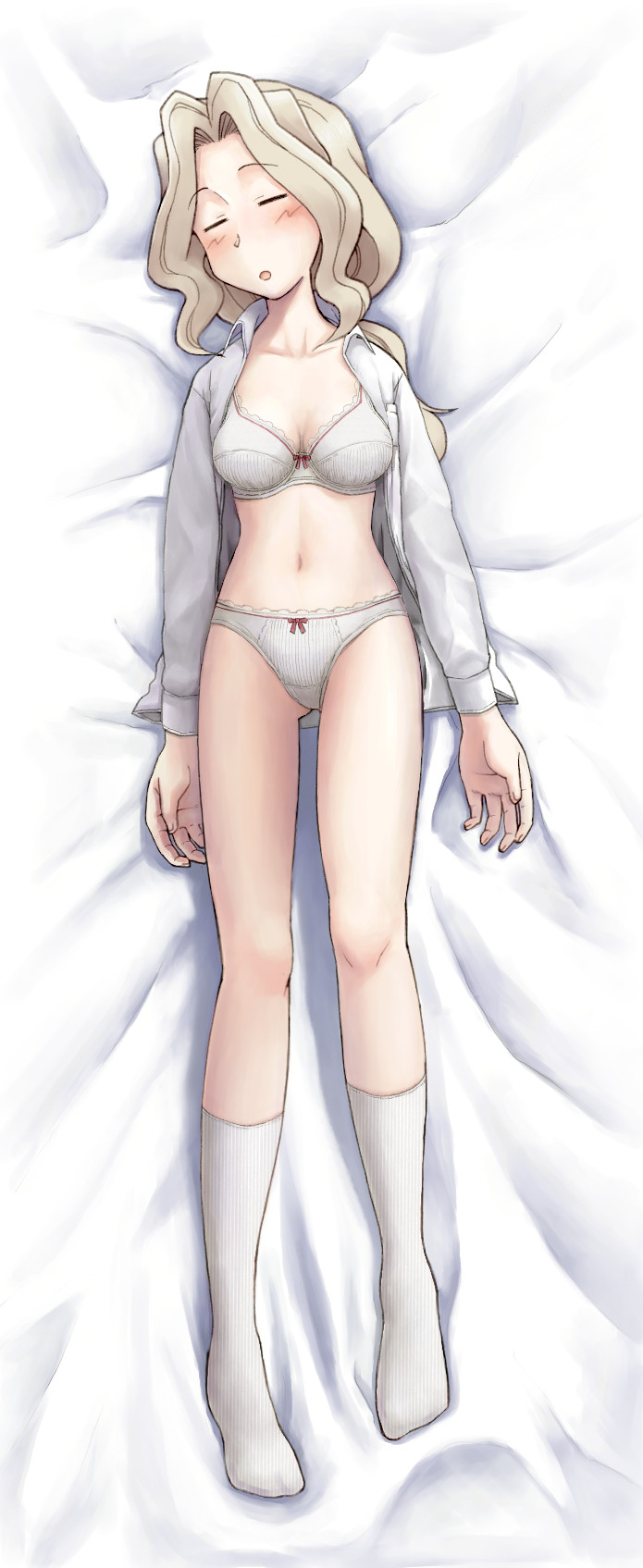 00s, 1girl, :o, blush, bra, breasts, brown_hair, cleavage, closed_eyes, dakimakura_(medium), female_focus, full_body, highres, long_hair, lying, navel, no_pants, on_back, open_clothes, open_shirt, panties, ponytail, sasaki_juju, shirt, sketchbook_full_colors, sleeping, socks, solo, tanuki_(die_abendwolke), underwear
