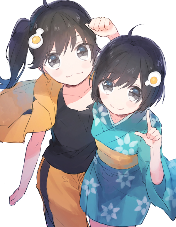 10s, 2girls, araragi_karen, araragi_tsukihi, bad_id, bad_pixiv_id, bakemonogatari, black_eyes