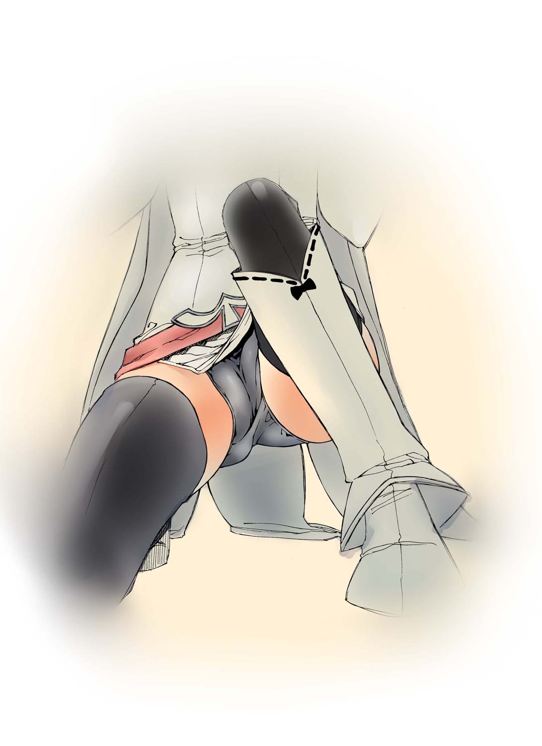 10s, 1girl, benjamin, head_out_of_frame, highres, komadori_renge, long_hair, panties, pantyshot, red_eyes, sekai_seifuku:_bouryaku_no_zvezda, sitting, thighhighs, underwear, upskirt, vignette, white_robin