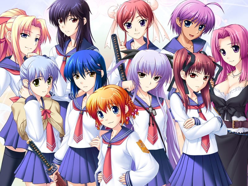 6+girls, belt, black_legwear, blonde_hair, blue_eyes, blue_hair, breasts, brown_hair