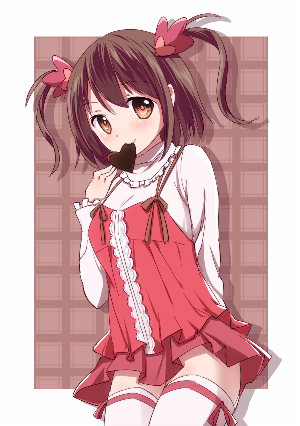 1girl, arm_behind_back, brown_eyes, brown_hair, candy, chocolate, chocolate_heart, female_focus