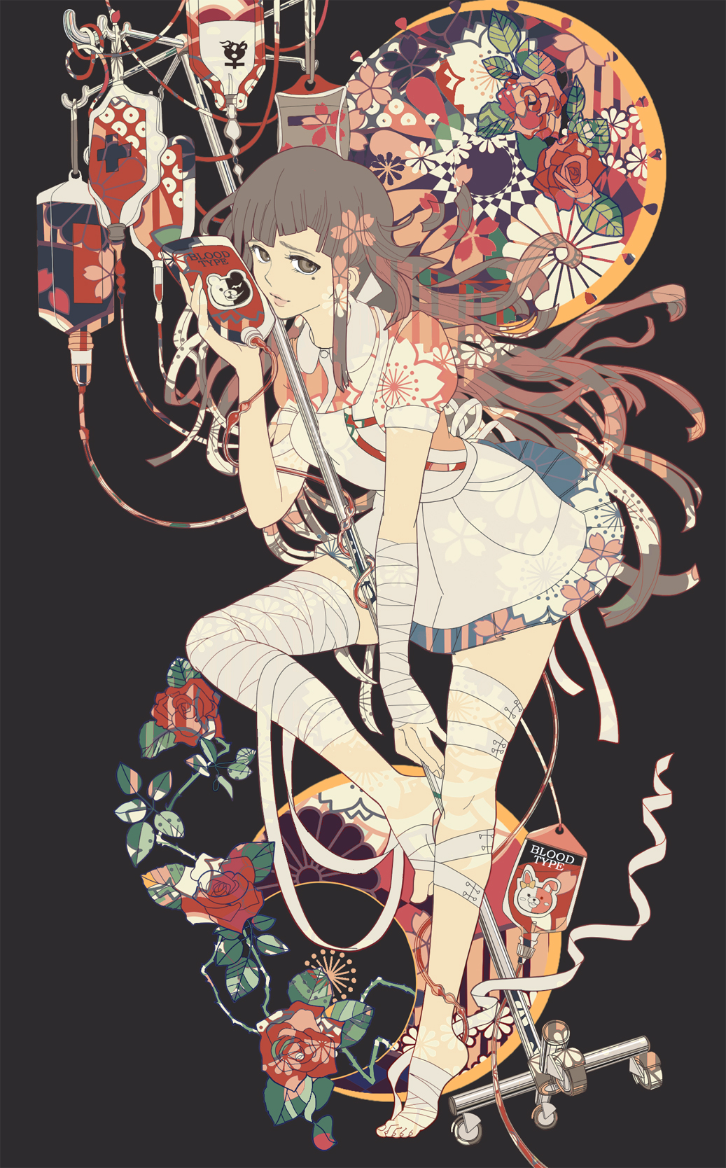 10s, 1girl, apron, bandages, barefoot, black_hair, blood, blood_bag