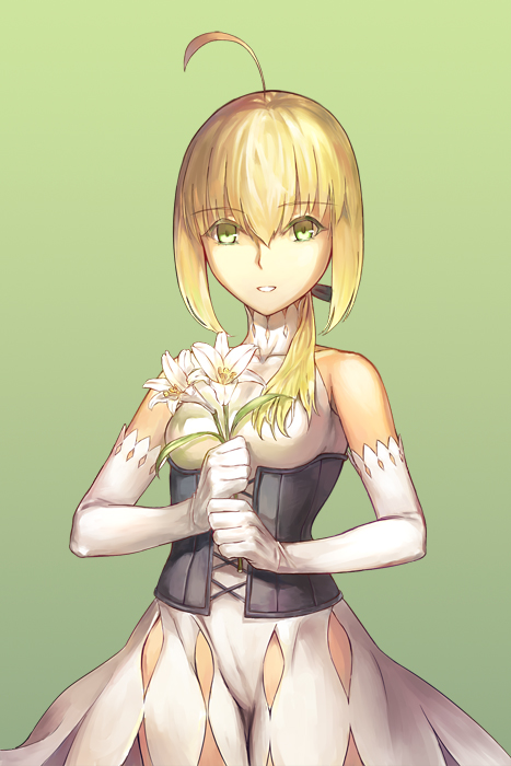 1girl, ahoge, alternate_costume, artoria_pendragon_(fate), bad_id, bad_pixiv_id, bare_shoulders, blonde_hair, corset, dress, elbow_gloves, fate/unlimited_codes, fate_(series), female_focus, flower, gloves, green_eyes, lily_(flower), saber_(fate), saber_lily, sky341125290, solo