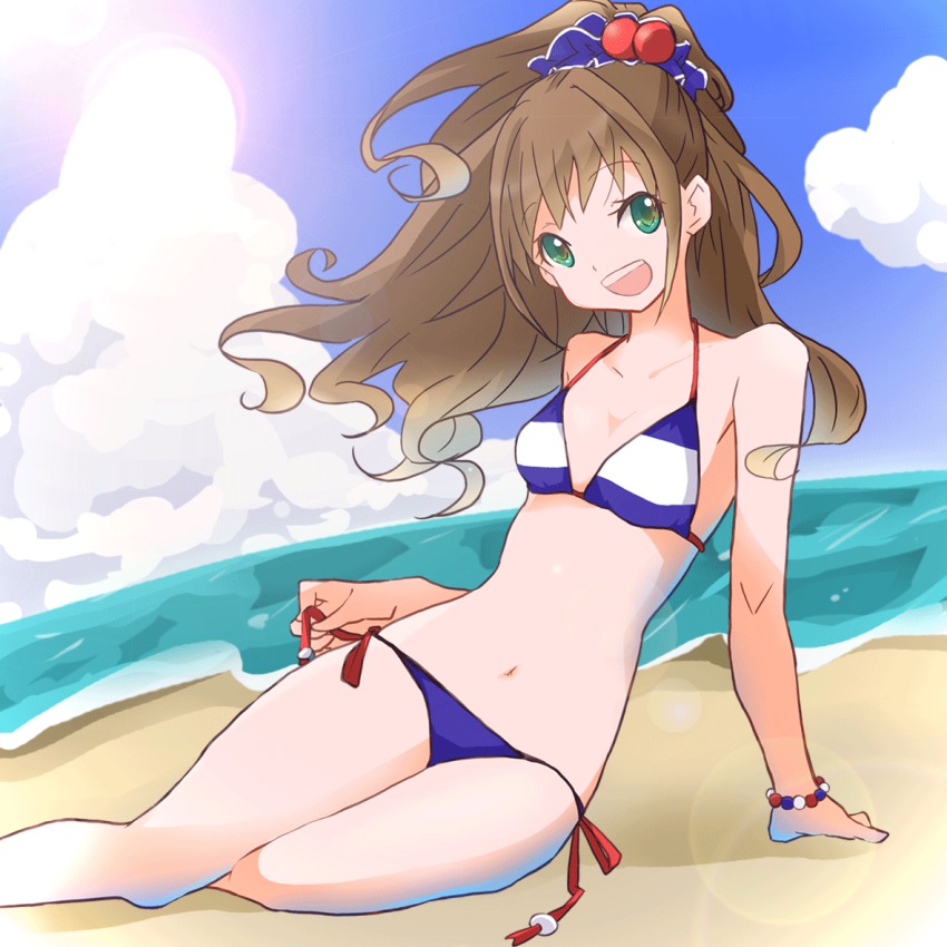 10s, 1girl, beach, bikini, bracelet, brown_hair, cloud, day, female_focus, green_eyes, halterneck, high_ponytail, hino_akane_(idolmaster), idolmaster, idolmaster_cinderella_girls, jewelry, legs, long_hair, navel, ocean, open_mouth, outdoors, ponytail, scrunchie, side-tie_bikini_bottom, sitting, sky, smile, solo, striped_bikini, striped_clothes, swimsuit, yayakoshiya