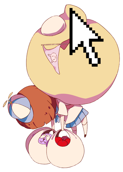 10s, 1girl, apple, bad_id, bad_pixiv_id, blue_skirt, brown_hair, carrying, cursor, flag, food, fruit, hat, kill_la_kill, mankanshoku_mako, rancherranta, sack, school_uniform, skirt, stuffed_animal, stuffed_toy