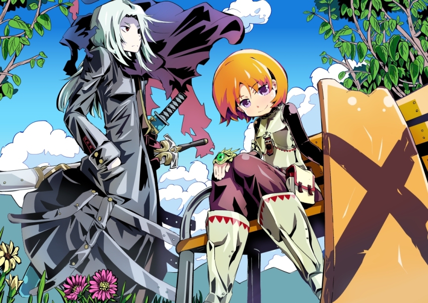 1boy, 1girl, armor, armored_boots, belt, bench, black_eyes, blue_eyes