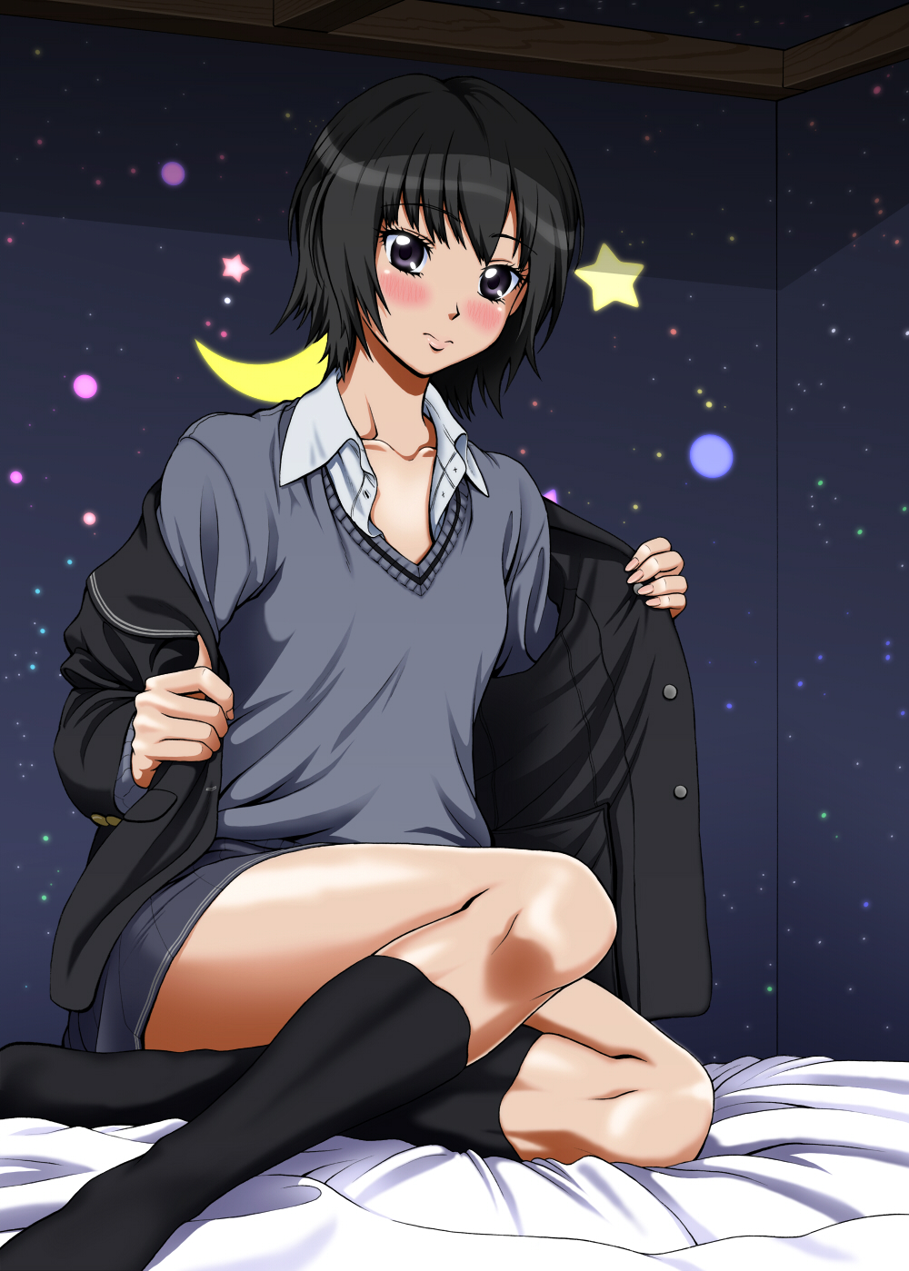 1girl, amagami, bed, bed_sheet, black_eyes, black_hair, black_socks, blush