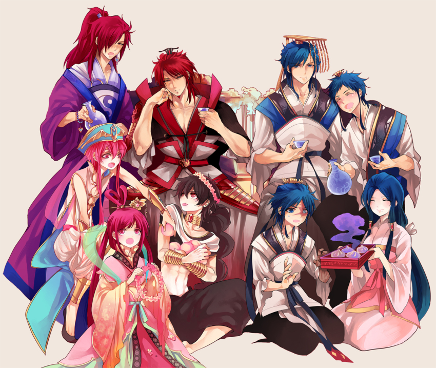 3girls, 6+boys, black_hair, blue_eyes, blue_hair, brother_and_sister, brothers, chinese_clothes, crown, food, fruit, guan_hat, hagoromo, hanfu, jewelry, judal, long_hair, lots_of_jewelry, magi_the_labyrinth_of_magic, mian_guan, mole, multiple_boys, multiple_girls, nair_(mindcreator), peach, purple_hair, red_eyes, red_hair, ren_hakuei, ren_hakuren, ren_hakuryuu, ren_hakuyuu, ren_kouen, ren_kougyoku, ren_kouha, ren_koumei, shawl, siblings