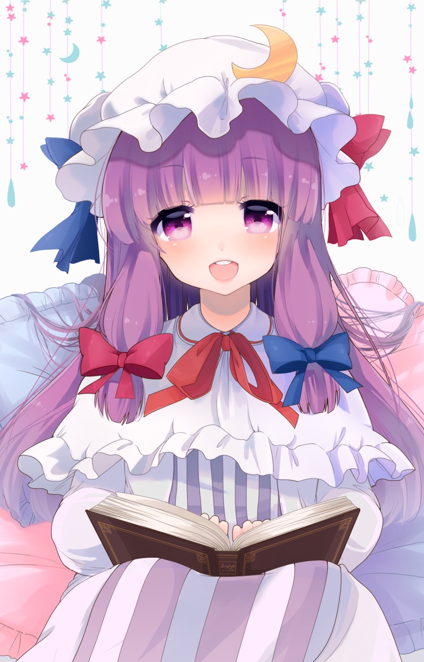 1girl, book, capelet, crescent, dress, female_focus, hair_ribbon, hat
