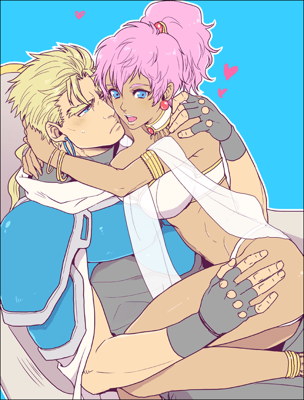 1990s_(style), 1boy, 1girl, armband, armor, bikini, blonde_hair, blue_background, blue_eyes, bracelet, caldina, caldina_(rayearth), choker, couple, d-red, dark_skin, earrings, fingerless_gloves, gloves, heart, hetero, high_ponytail, jewelry, lafarga, lafarga_(rayearth), lots_of_jewelry, magic_knight_rayearth, pink_hair, ponytail, retro_artstyle, sash, short_hair, smile, straddling, swimsuit, tan, upright_straddle
