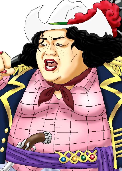 1girl, alvida_(one_piece), cowboy_hat, east_blue, fat, fat_woman, female_focus, freckles, gun, hat, jacket, obese, one_piece, sash, solo, weapon, white_hat, yasukun_(kyamogata)