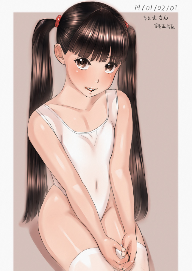 1girl, blush, brown_eyes, brown_hair, chitose_(zenkou), covered_navel, dated, female_focus