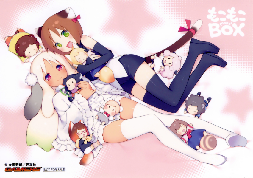2girls, :d, ^_^, absurdres, animal_ears, annotated, artist_name, bare_shoulders, bear_ears, bear_tail, black_legwear, blue_thighhighs, blush, bob_cut, boots, bow, brown_hair, cat_ears, cat_tail, chacha_(moko_moko_box), character_doll, closed_eyes, copyright_name, crossed_arms, dark-skinned_female, dark_skin, dog_ears, dog_tail, doll, dress, dutch_angle, elbow_gloves, everyone, fang, fingerless_gloves, fox_ears, fox_tail, frills, gayarou, glasses, gloves, gradient_hair, green_eyes, guririn_(moko_moko_box), hair_bow, hakama, hakama_skirt, halftone, halftone_background, happy, heiji_(moko_moko_box), highres, hugging_doll, hugging_object, japanese_clothes, kacchi_(moko_moko_box), kimono, kou_(moko_moko_box), kyuu_(moko_moko_box), light_smile, lolita_fashion, long_sleeves, looking_at_viewer, lying, mame_(moko_moko_box), moko_moko_box, multicolored_hair, multiple_girls, official_art, on_back, on_side, open_mouth, pink_background, pinky_out, rabbit_ears, rabi_(moko_moko_box), raccoon_ears, raccoon_tail, red-framed_eyewear, red_eyes, ribbon, ruu_(moko_moko_box), scan, semi-rimless_eyewear, sheep_ears, shepu_(moko_moko_box), shiepu_(moko_moko_box), short_dress, short_hair, short_shorts, shorts, skirt, smile, star_(symbol), star_symbol_background, suspenders, tail, tail_ornament, tail_ribbon, thigh_boots, thigh_gap, thighhighs, under-rim_eyewear, white_dress, white_hair, white_legwear, wide_sleeves, zettai_ryouiki
