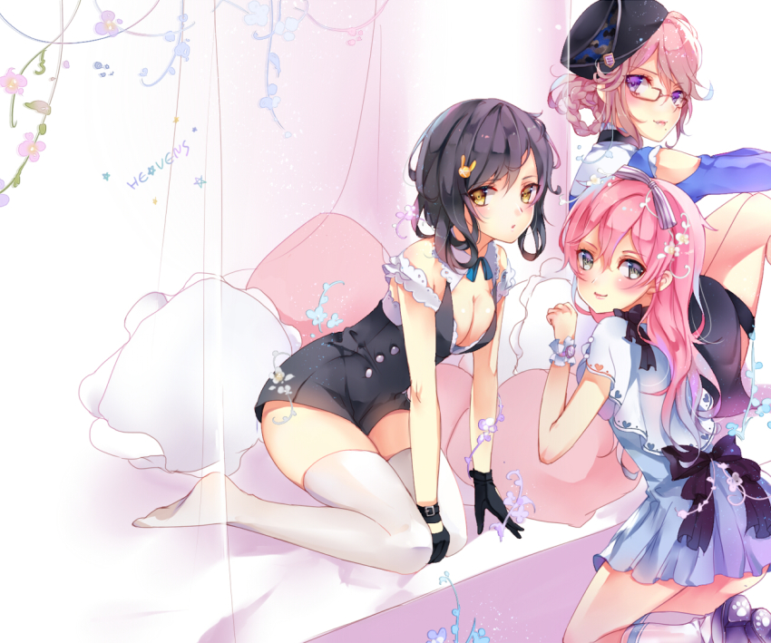 10s, 3girls, black_hair, blue_eyes, blush, breasts, cleavage, genderswap