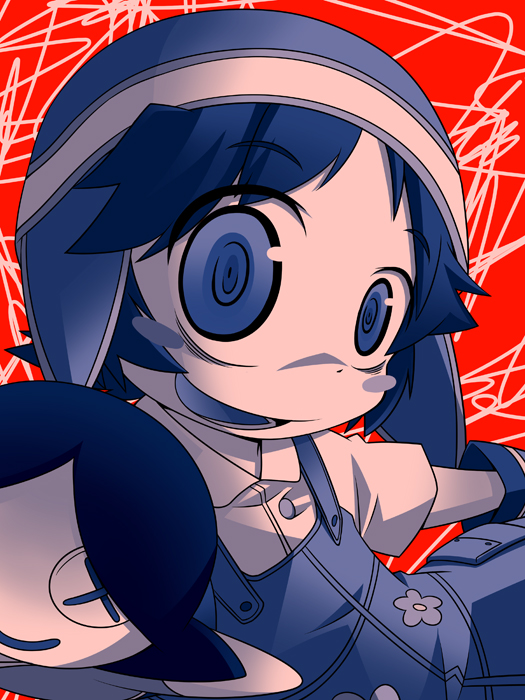 1boy, 1girl, blush_stickers, doll, female_focus, hand_puppet, houjou_reisuke, ko-gami, looking_at_viewer, male_focus, mirai_nikki, open_mouth, puppet, ringed_eyes, solo