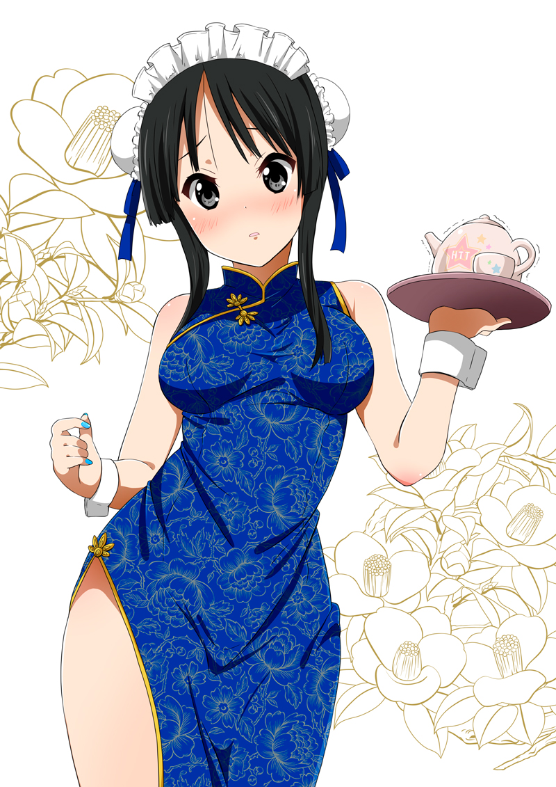 1girl, akiyama_mio, bare_shoulders, black_eyes, black_hair, blush, breasts, bun_cover