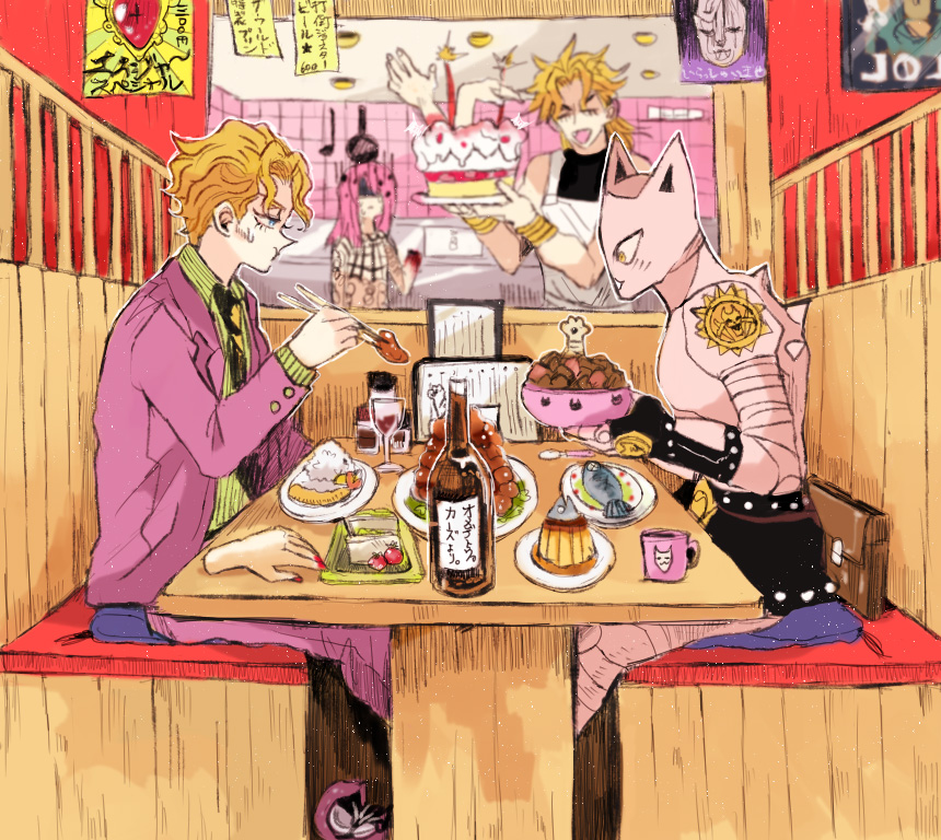 4boys, amputee, animal_ears, apron, battle_tendency, blonde_hair, blood, blue_eyes