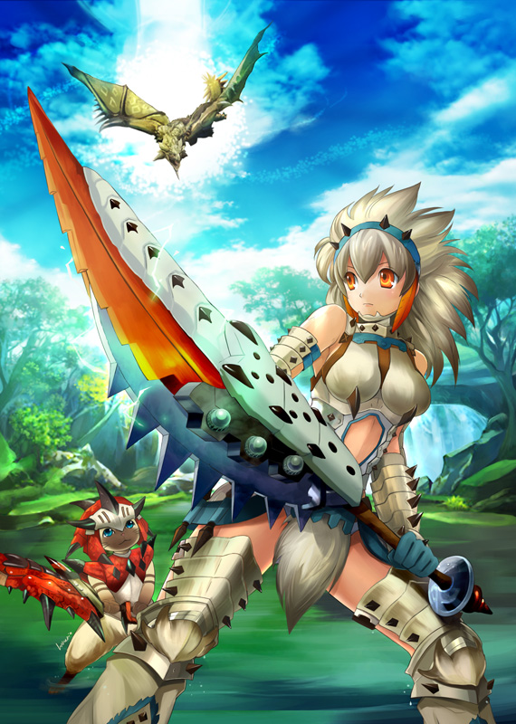 1girl, armor, barioth_(armor), capcom, dragon, felyne, hanesaka_rio, monster, monster_hunter_(series), rathalos_(armor), rathian, switch_axe, tagme, weapon, white_hair, yellow_eyes