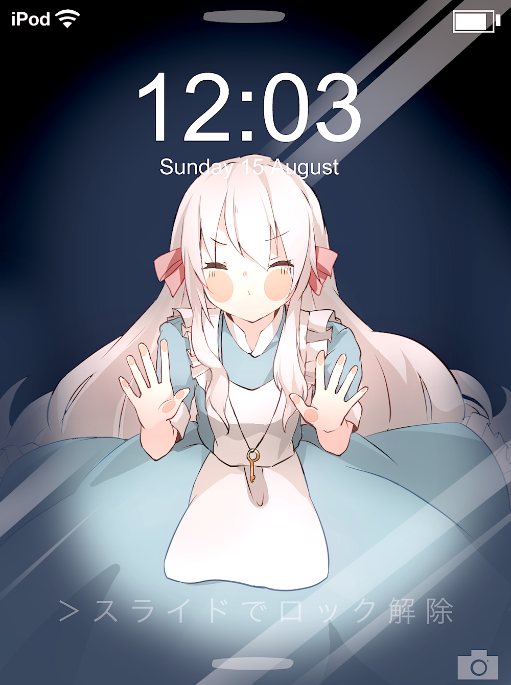 1girl, against_glass, bad_id, bad_pixiv_id, cheek_press, mp3_player, dress, fake_phone_screenshot, fake_screenshot, female_focus, fourth_wall, highres, ipod, jewelry, kagerou_project, key, kiss, kozakura_marry, lemon_honey1013, long_hair, necklace, screen, silver_hair, solo