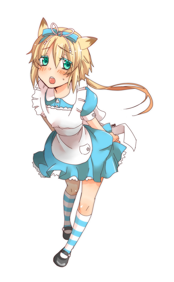 1boy, aqua_eyes, blonde_hair, blush, bow, chung_seiker, crossdressing, crossdressing_(mtf)