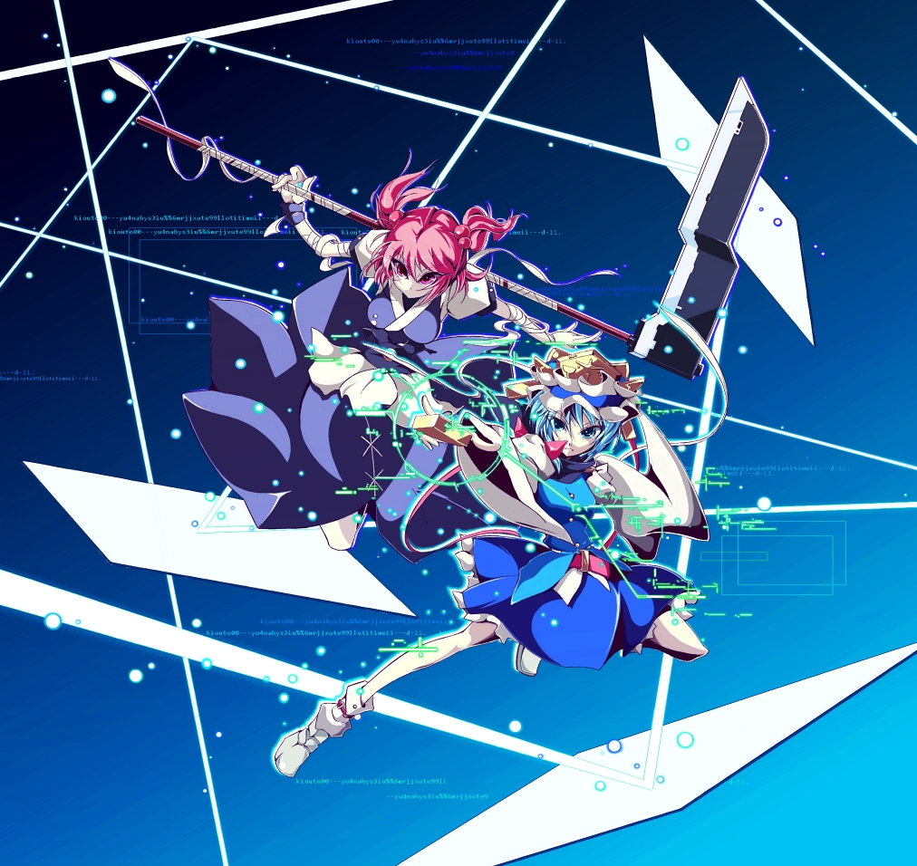 android, blue_eyes, blue_hair, cyberpunk, hair_bobbles, hair_ornament, hat, hologram