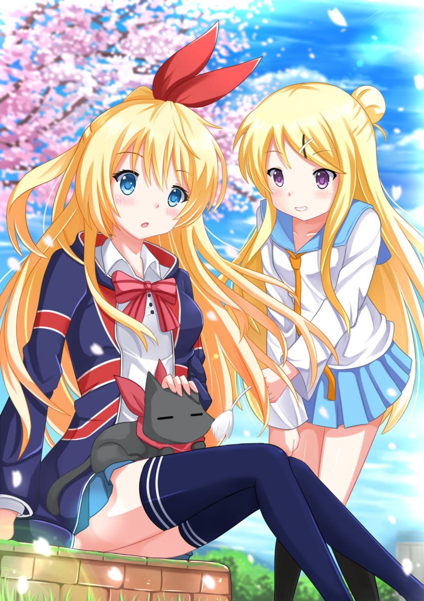 2girls, :o, blonde_hair, blue_eyes, blue_sky, blue_thighhighs, blush, bonyari_high_school_uniform, bow, cat, cat_teaser, cherry_blossoms, collarbone, cosplay, costume_switch, crossover, day, dress_shirt, grin, hair_bun, hair_ornament, hair_ribbon, hairclip, highres, jacket, kazenokaze, kin-iro_mosaic, kirisaki_chitoge, kirisaki_chitoge_(cosplay), kujou_karen, kujou_karen_(cosplay), long_hair, long_sleeves, multiple_girls, nichijou, nisekoi, outdoors, petals, pleated_skirt, purple_eyes, ribbon, sakamoto_(nichijou), school_uniform, serafuku, shirt, single_hair_bun, sitting, skirt, sky, smile, standing, thighhighs, touyama_nao, tsurime, twintails, union_jack, very_long_hair, voice_actor_connection, x_hair_ornament