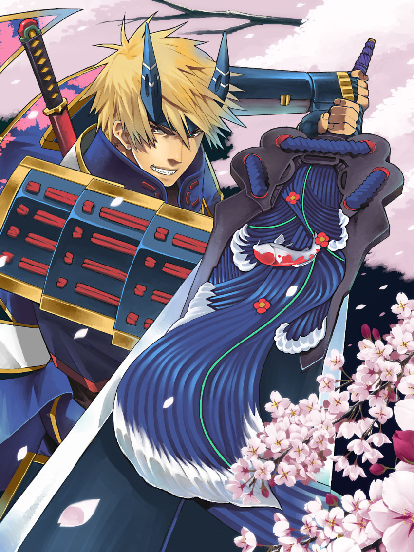 1boy, armor, bad_id, bad_pixiv_id, blonde_hair, capcom, cherry_blossoms, highres, horns, japanese_armor, kaijin_no_souki, male_focus, onimusha, onimusha:_dawn_of_dreams, shoulder_armor, sode, solo, sword, tktg, weapon