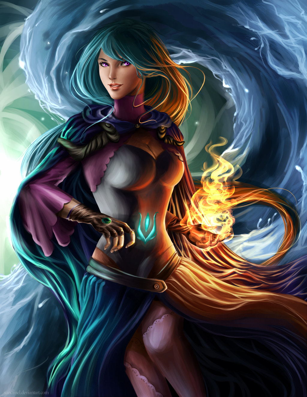 1girl, althea_(luminous_arc), althea_(mirage_noir), blue_hair, breasts, cape, female_focus, fire