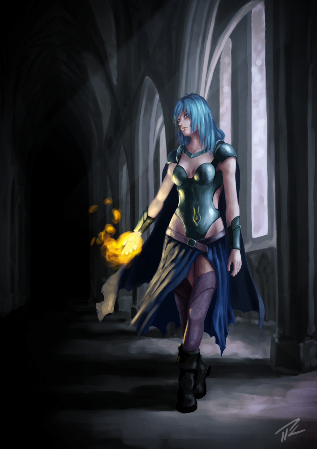 1girl, althea_(luminous_arc), althea_(mirage_noir), blue_hair, braid, breasts, cape, female_focus