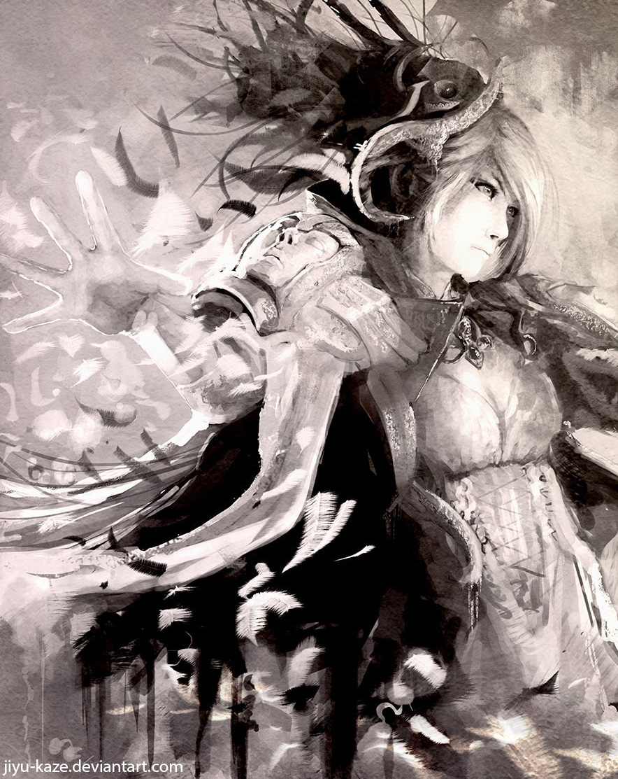 althea_(luminous_arc), althea_(mirage_noir), armor, cape, feathers, mirage_noir, monochrone, pauldrons, shoulder_armor, tagme