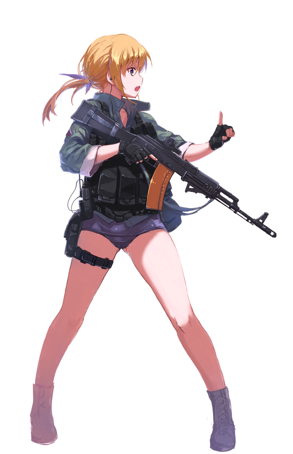 1girl, ak-74, ak-74m, assault_rifle, blonde_hair, blue_eyes, boots, fangdan_runiu