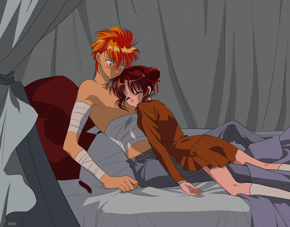 1990s_(style), 1boy, 1girl, bandages, blush, closed_eyes, couple, double_bun