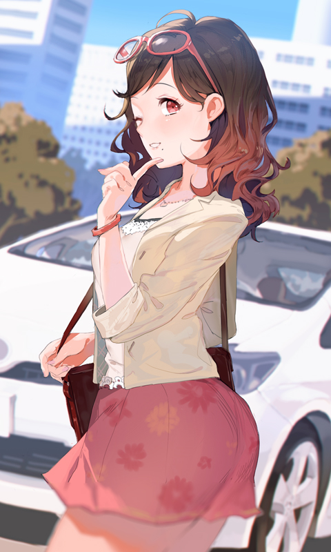 1girl, ass, bag, bracelet, brown_eyes, brown_hair, car, day