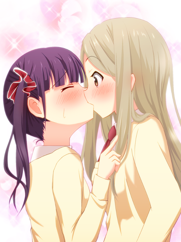 2girls, ^_^, black_hair, blonde_hair, blunt_bangs, blush, brown_eyes, closed_eyes, couple, cousins, from_side, hair_ornament, incest, kiss, long_hair, long_sleeves, minami_shizuku, multiple_girls, noda_kotone, nora_ichigo, pink_background, sakura_trick, school_uniform, sidelocks, simple_background, surprised, sweat, sweater, twintails, wide-eyed, yellow_eyes, yuri
