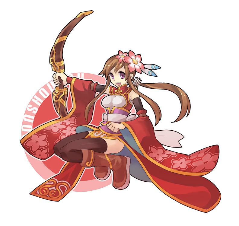 1girl, :d, akaboshi_natsumi, bad_id, bad_pixiv_id, boots, bow_(weapon), breasts, brown_hair, character_name, floral_print, flower, flower_on_head, full_body, hair_flower, hair_ornament, large_breasts, long_hair, looking_at_viewer, natsumi, natsumi_(dndr_natsumi), open_mouth, purple_eyes, quiver, sangokushi_puzzle_taisen, simple_background, smile, sonshoukou_(puzzle_taisen), thighhighs, weapon, zettai_ryouiki