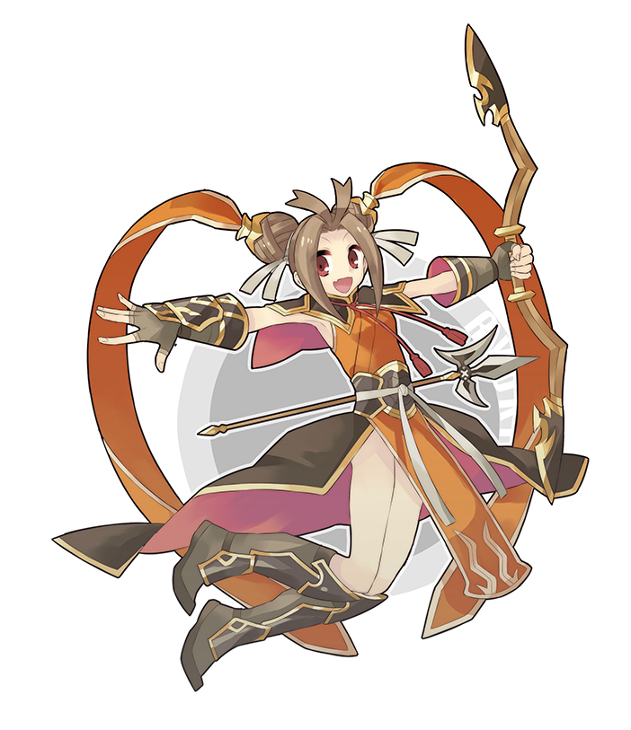 1girl, :d, akaboshi_natsumi, bad_id, bad_pixiv_id, boots, bow_(weapon), character_name