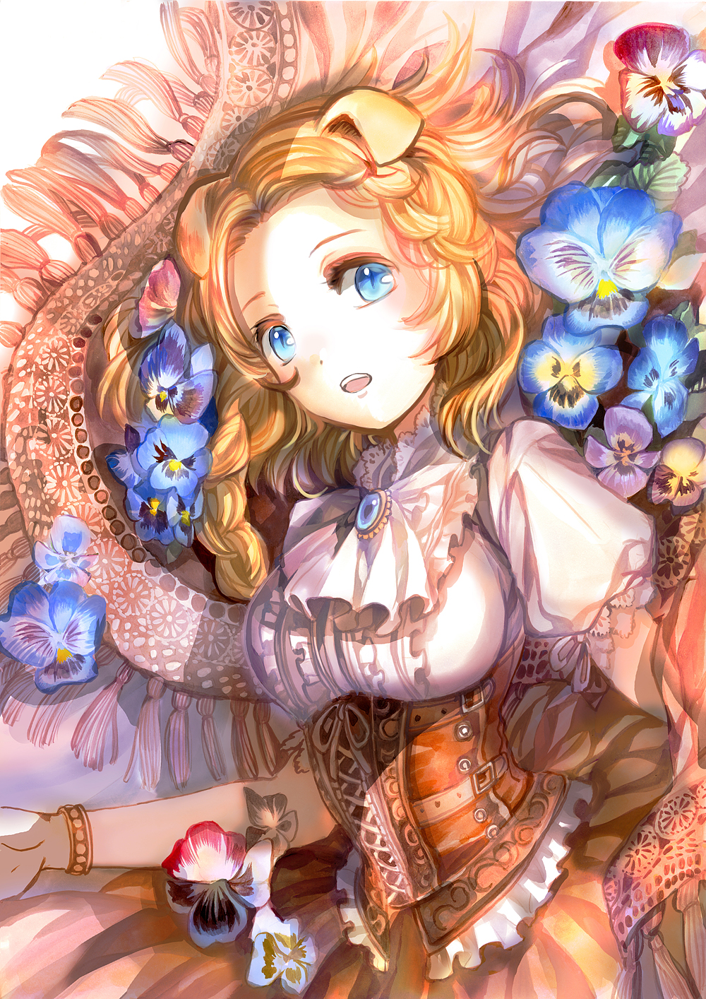 1girl, animal_ears, blonde_hair, blue_eyes, blue_flower, blue_pansy, corset, dog_ears