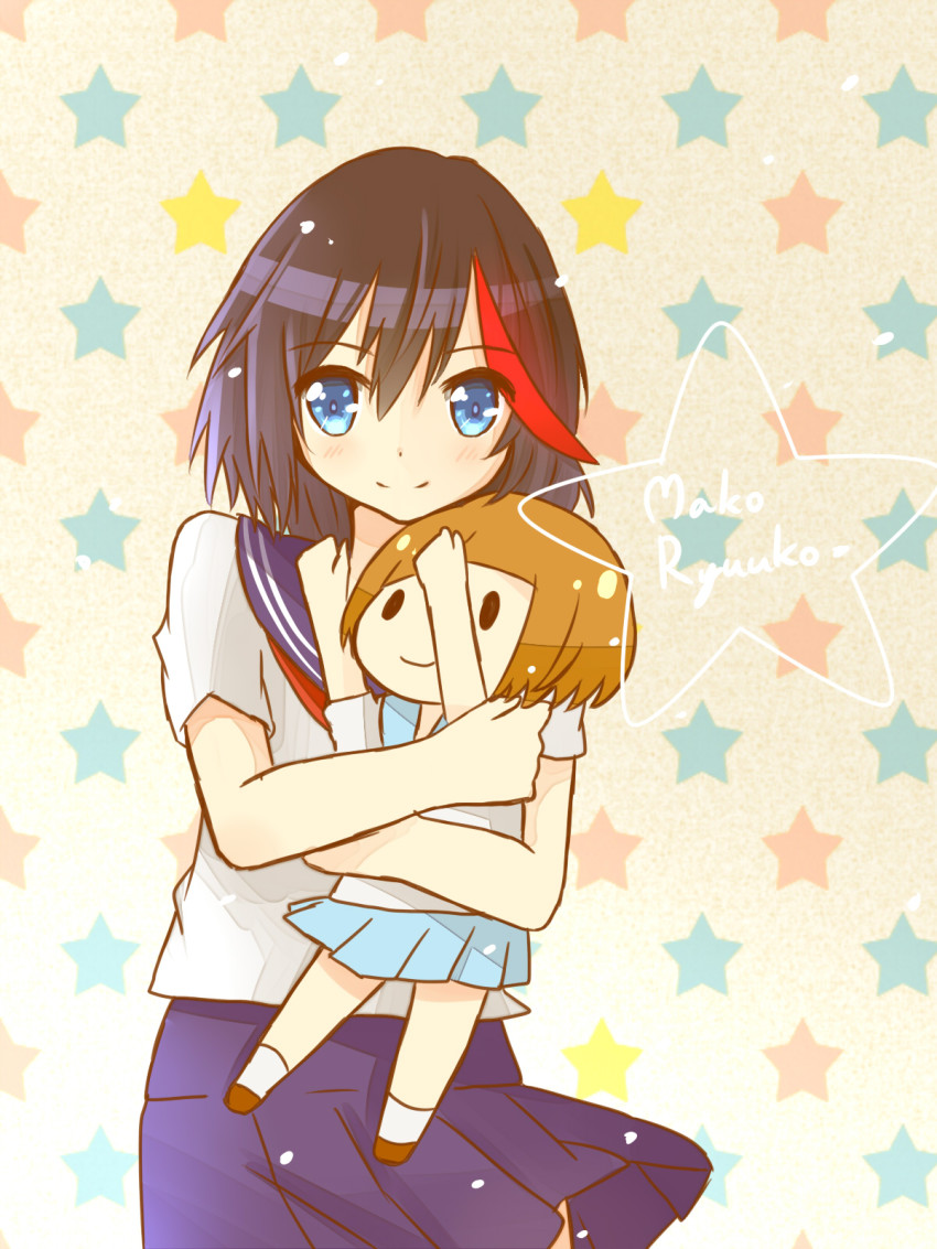 10s, black_hair, blush, character_name, hair_between_eyes, highres, hug, kill_la_kill, mankanshoku_mako, matoi_ryuuko, multicolored_hair, school_uniform, short_hair, simple_background, skirt, smile, standing, star_(symbol), two-tone_hair, yuina_(artist)