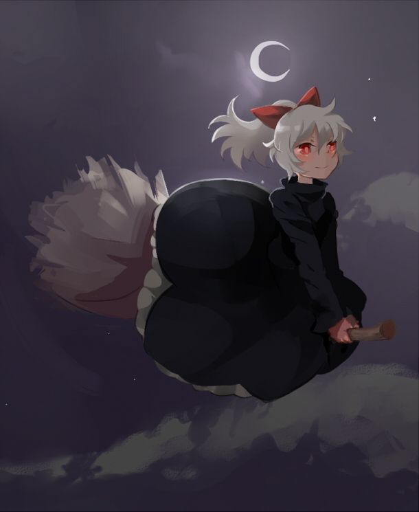 .flow, 1girl, albino, broom, broom_riding, crescent, dress, female_focus, flying, hair_ribbon, night, ponytail, ribbon, sabitsuki, shochi, smile, solo, turtleneck, witch