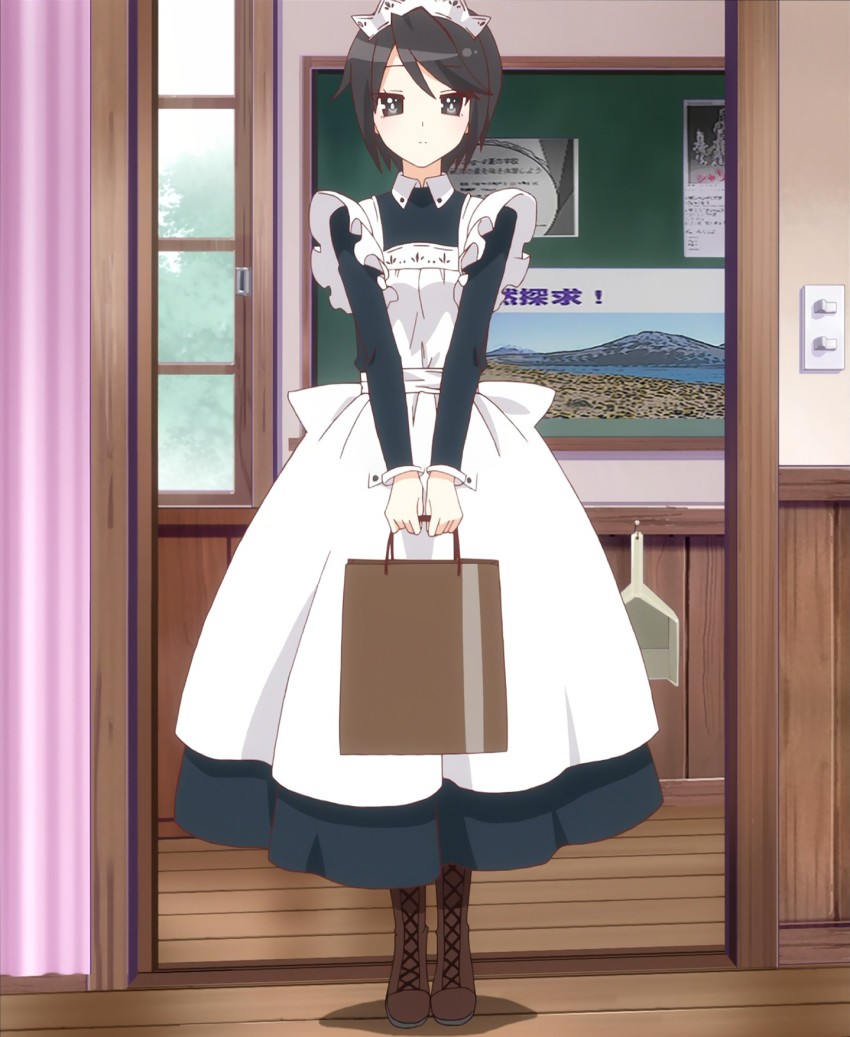 10s, 1girl, anime_screenshot, apron, bag, black_eyes, black_hair, boots