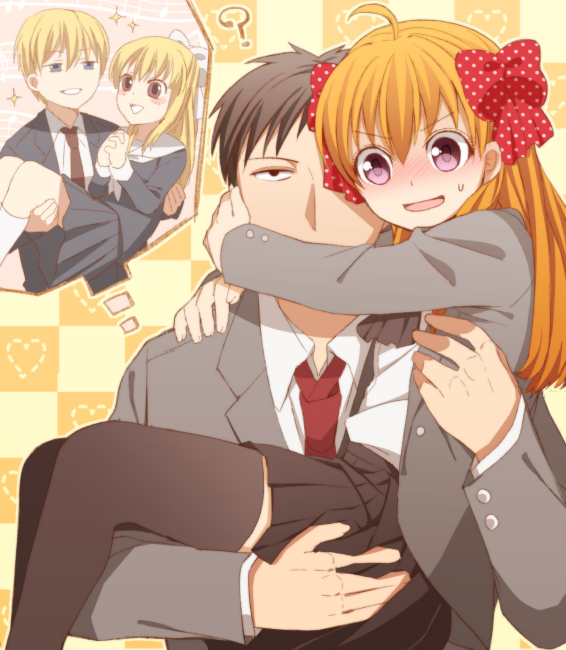 10s, 2boys, 2girls, ?, ahoge, black_eyes, black_hair, black_socks