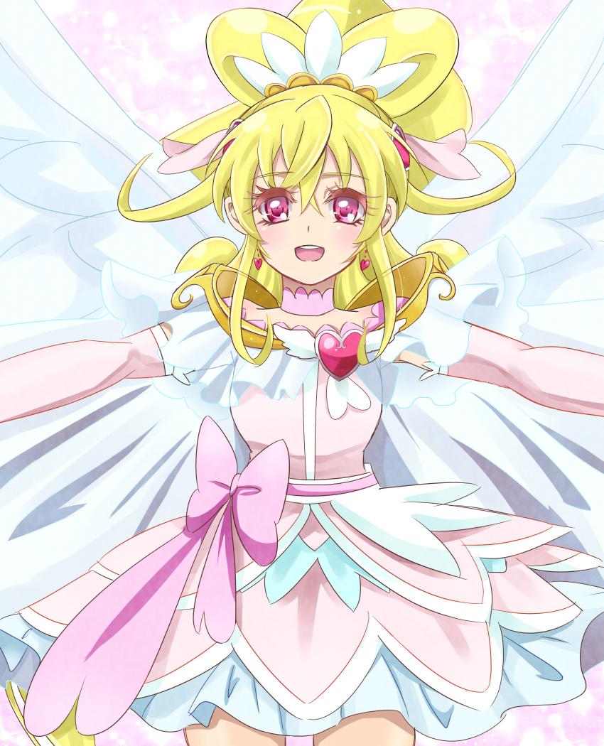 1girl, aida_mana, angel_wings, arm_warmers, bad_id, bad_pixiv_id, blonde_hair, bow